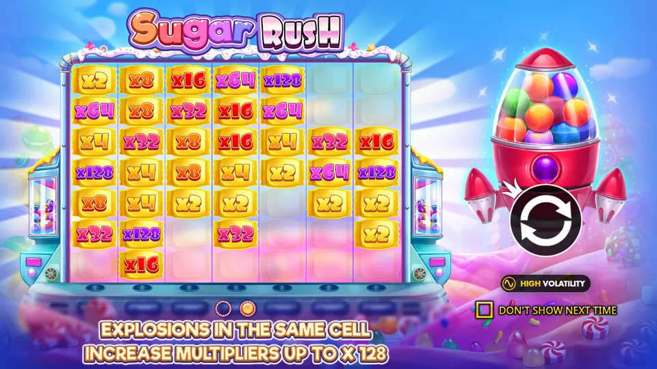 Startskærmen i spilleautomaten Sugar Rush med multiplikatorer